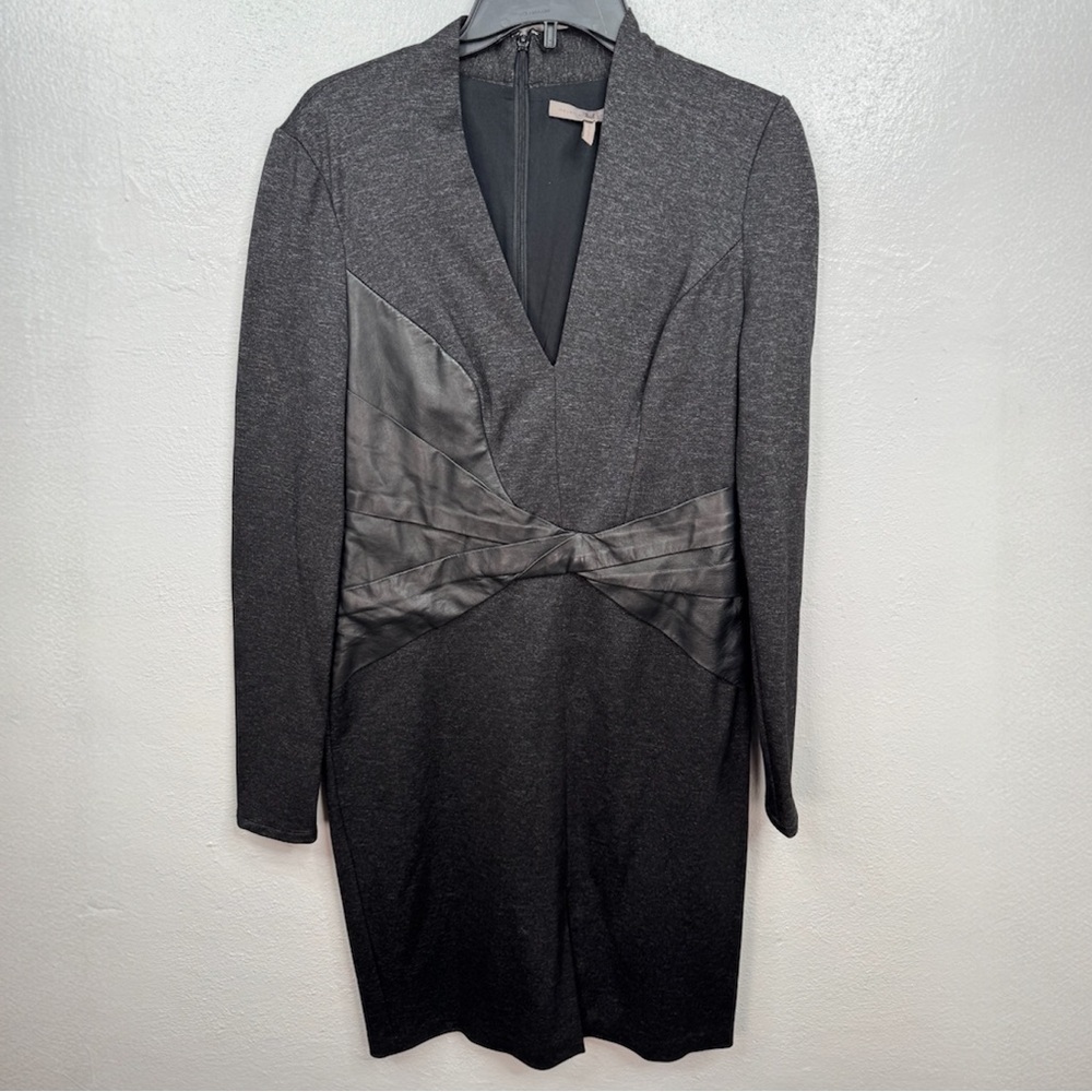Halston Heritage Dress Womens Size M Charcoal Gray Sheath Leather Twist Waist